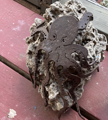 Handmade Kipano Charlot Metal Octopus Sculpture on Coral Stone Rock 