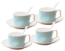 Jusalpha Porcelain Tea Set 4 Pcs Blue Cup Saucer Spoon Modern Elegant TCS15