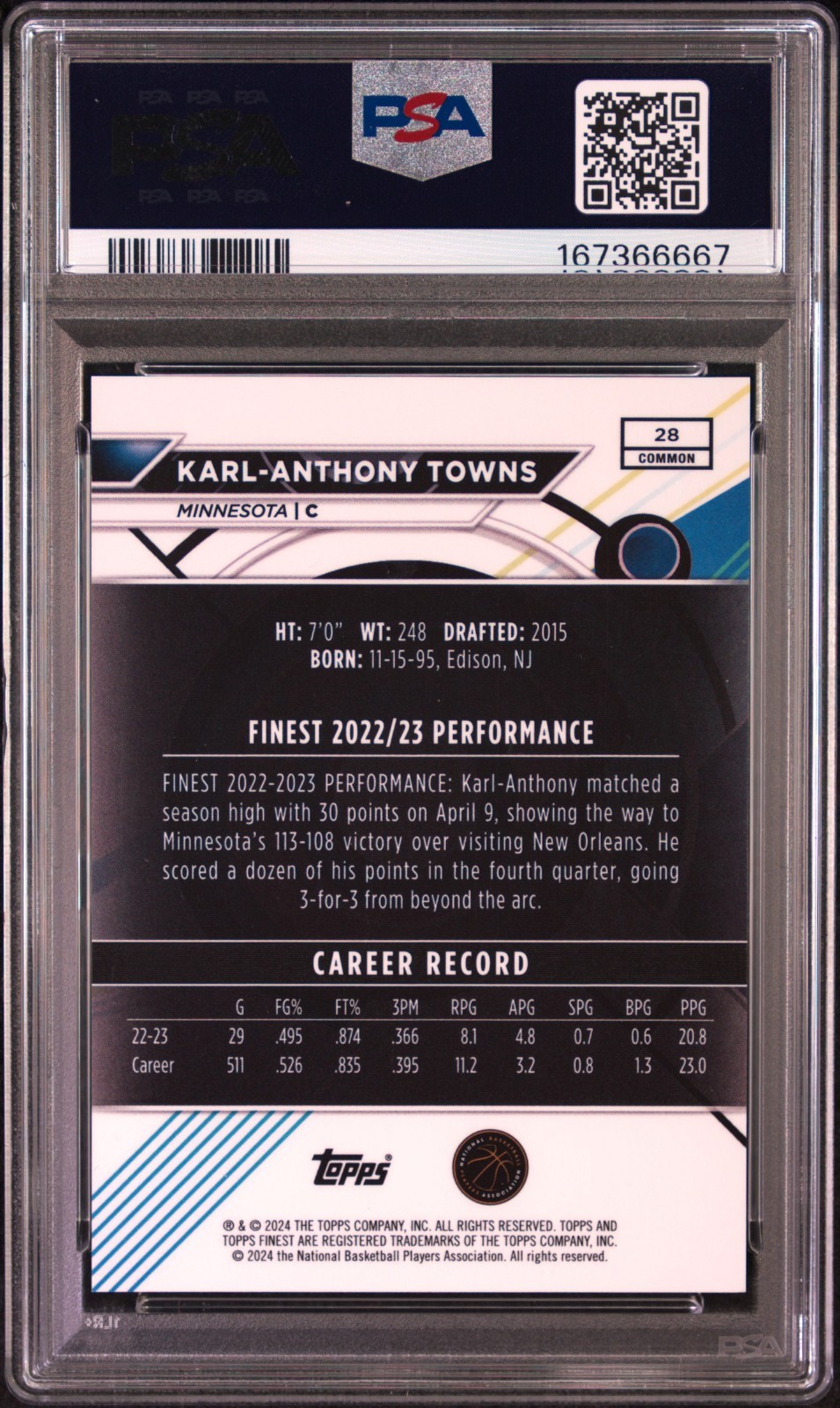 2023 TOPPS FINEST 28 KARL-ANTHONY TOWNS RED GEOMETRIC PSA 9 view 2