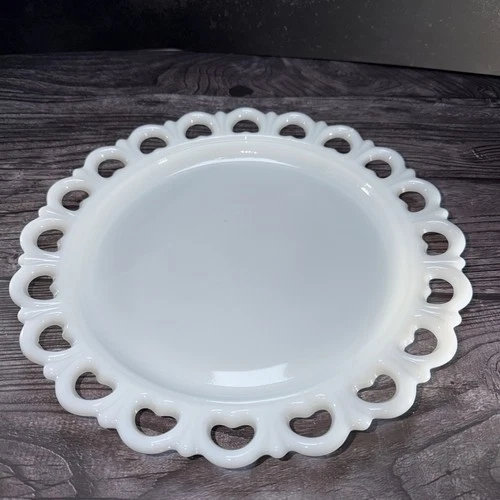 Vintage Anchor Hocking White Milk Glass Open Heart Lace Cake Plate Platter Large