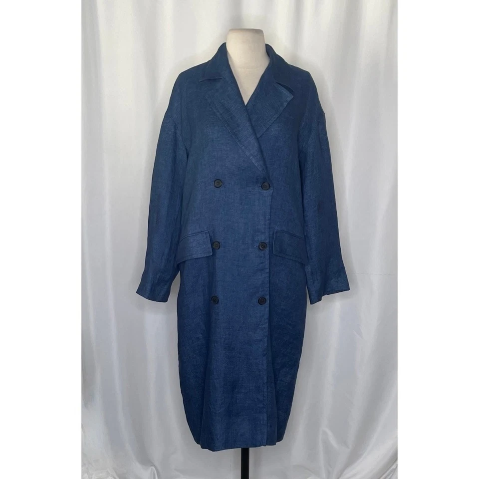 ZARA Limited Edition Linen Coat Buttons Pockets Double Breasted Blue X-Small - Image 2 of 4