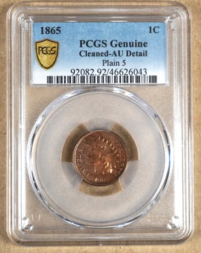 1865 INDIAN CENT, PLAIN 5, PCGS AU DETAIL, CLEANED 626043