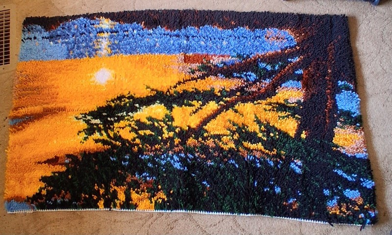 Wonderart Latch Hook Finished Rug, Sunset Over Water, Tree Silhouette 49 x 29"