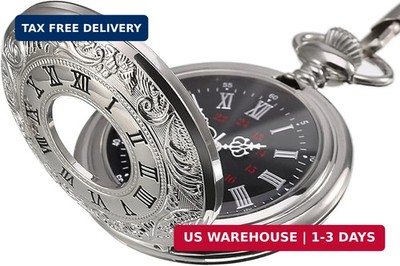 Hicarer Vintage Pocket Watch Steel Men Watch with Chain (Silver)