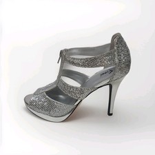 Fioni Silver Glitter Rhinestone Platform Heels Sandals Prom Wedding Size 9.5
