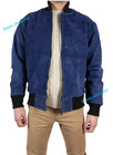 Mens Lambskin Suede Leather Biker Zipper Jacket Blue Motorcycle Casual Style Fit