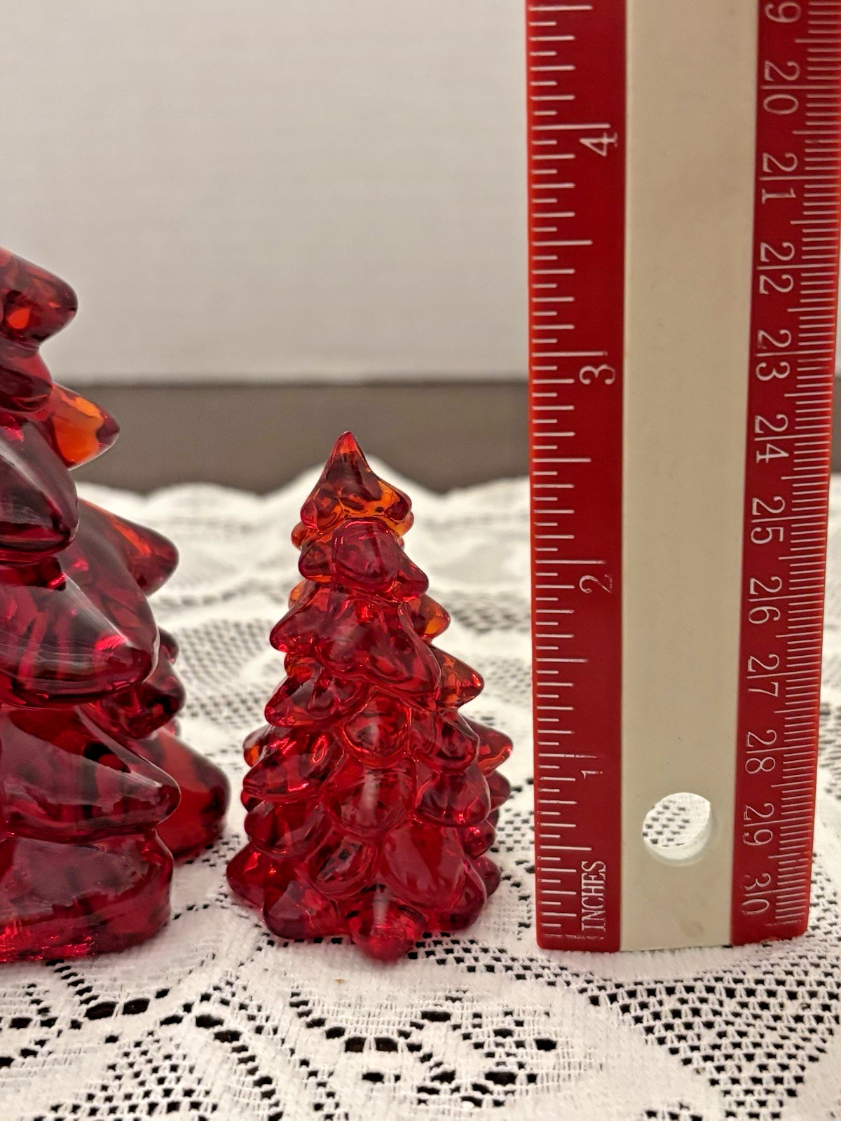 Mosser Glass Red Christmas Tree Set of 2 Holiday Decor Cadmium GLOWS Under UV