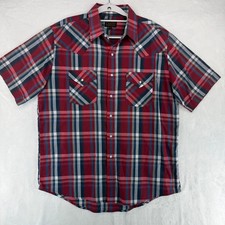 Plains Western Wear Mens Large Red Blue Plaid Short Sleeve Pearl Snap Rodeo