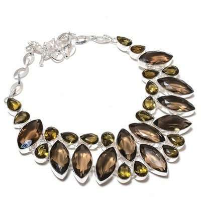 Smoky Quartz Gemstone Necklace Adjustable Chain Handmade Statement Jewelry 18''