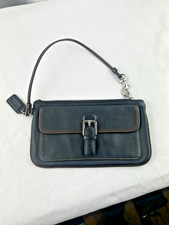 Vintage Coach Black Leather Wristlet Brown Trim Zip Closure Buckle