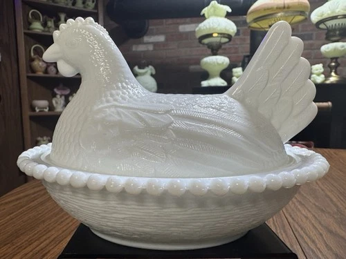Vintage Indiana Glass White Milk Glass Hen on Nest Stippled Base