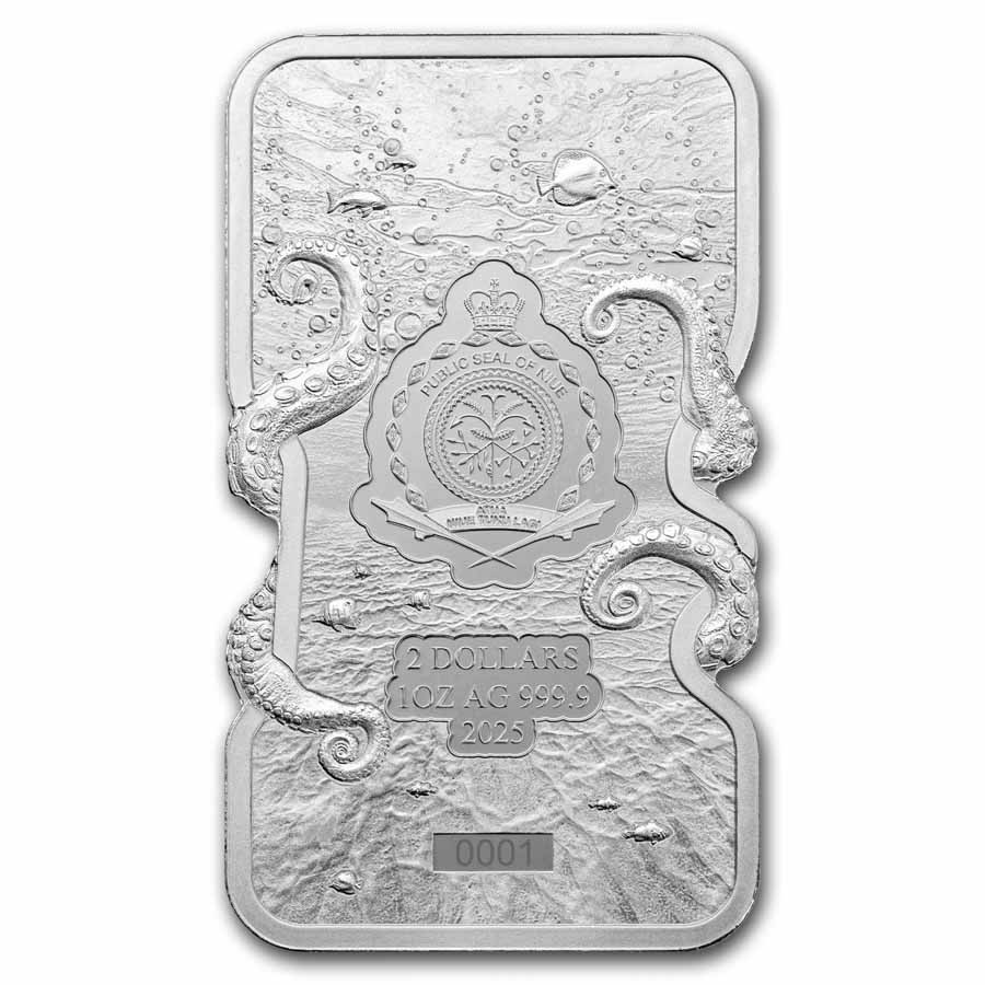 2025 Niue 1 oz Silver Nature's Grip Giant Octopus $2 Bar in Assay