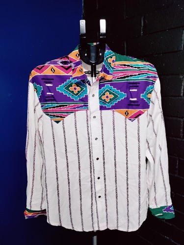 Vintage Shirt Men Large Southwest Aztec Western Cowboy Made In USA Pearl Snap