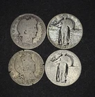 2 x Barber Quarter & 2 x Standing Liberty SLQ 90% Junk Silver Coins Under Melt