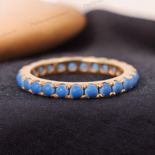 925 Sterling Silver 2.5 mm Round Shape Natural Turquoise Band Full Eternity - Picture 6 of 6