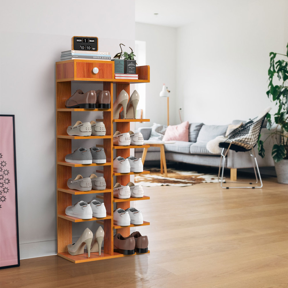 7 Tier Double Row Wooden Shoe Rack Tall Storage Shelf Organiser