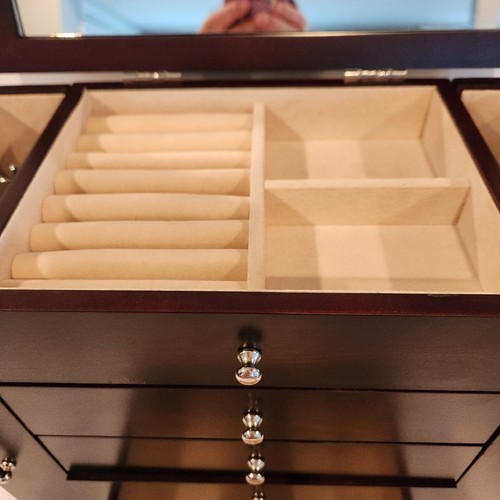 Java Finish Jewelry Box 11.38" x 13.5" x 7" Wood Lift Top w/ Mirror New - Picture 3 of 4