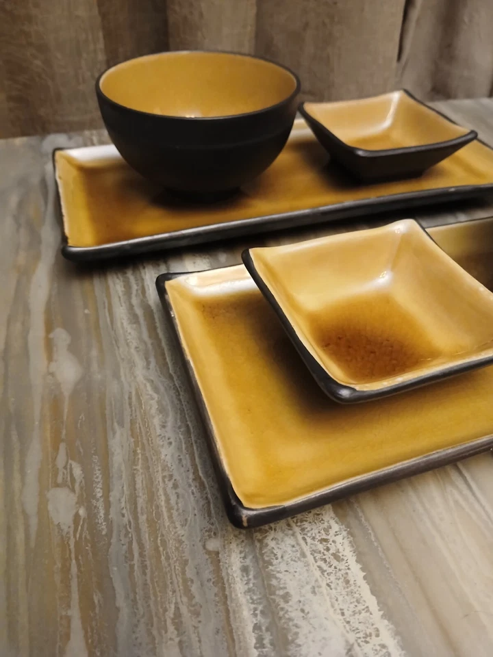 Bandeja para servir comida china SUSHI y tazones para sumergir arroz servicio para 2 mostaza marrón Foto 4 de 4