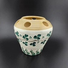 O'Neil Irish Pottery Vase Floral Frog Hand Made Signed Green Clover Ireland