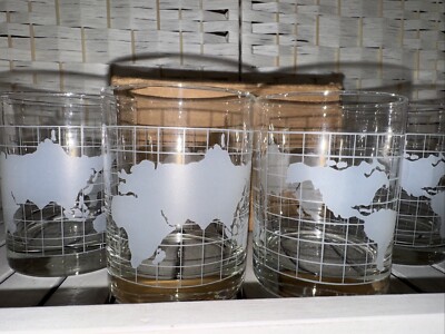 4 NEW Vintage Nescafe Etched Globe Map 4.25'' Tumbler Glasses Original Shipping
