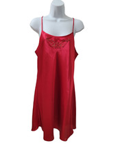 Morgan Taylor Satin Night Slip Chemise Red Embroidered Floral Womens Large