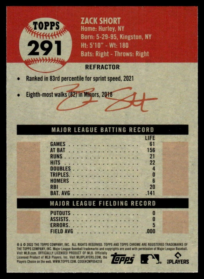 2022 Topps Chrome Platinum Refractor Zack Short Detroit Tigers #291 - Image 2 of 2