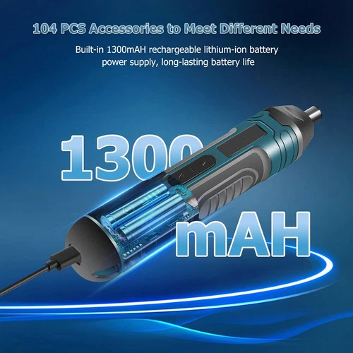 1300mAh Rechargeable Cordless Electric Screwdriver Set Adjustable Torque & Speed - Picture 11 of 22