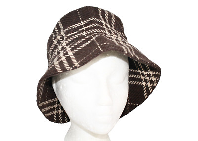 TALBOTS Brown Tan Plaid Tweed Bucket Hat Bow One Size