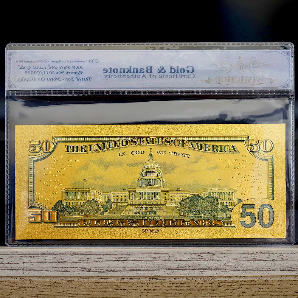 100mg 24K Gold 2009 $50 Dollar Bill Federal Reserve Banknote with