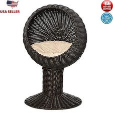 28" Hooded Rattan Wicker Elevated Cat Bed Naps Weave Basket Soft Cushion New