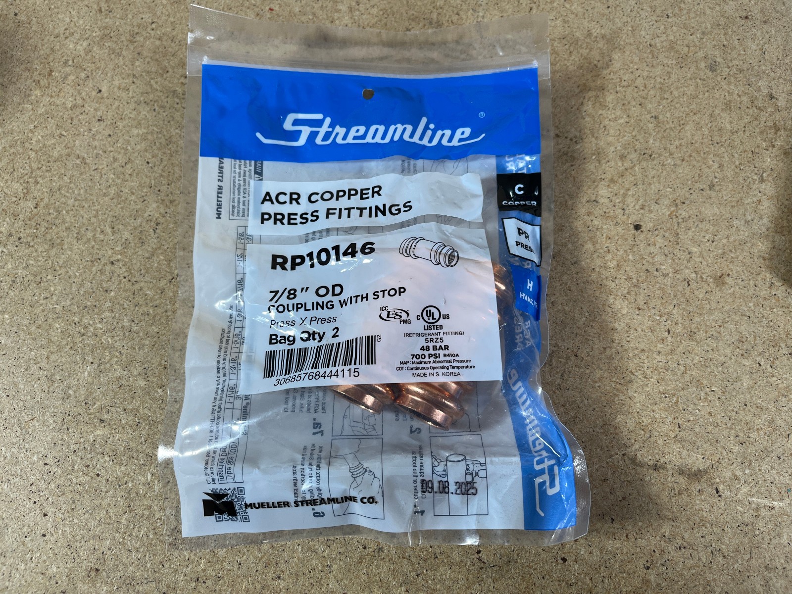Streamline RP10146, 7/8" O.D. ACR Copper Press Coupling W/Stop fitting Pack of 2