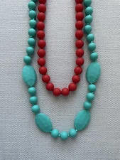 Chew Beads Silicone Necklace Pair, Turquoise & Red