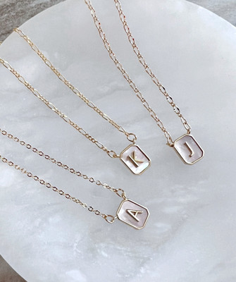 Pearl Initial Necklace Gold Initial Tag Necklace Mother of Pearl Letter Necklace
