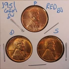 1951 P D S LINCOLN WHEAT CENT PENNY 1C GEM RED BU SET (3 COINS) 511271