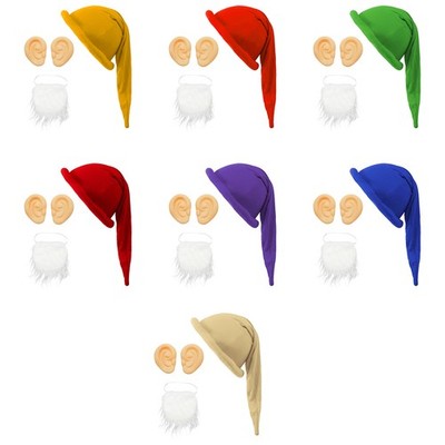 3Pcs Halloween Dwarf Costumes Set w/Dwarf Gnome Elf Hats Fake Ear White Beard