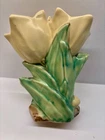 Vintage 1940'S McCoy Double Tulip Yellow & Green with Brown Base Pottery Vase
