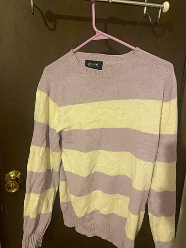 HOWLIN' Men's Purple Ivory Striped Lambswool Cotton Knit Crewneck Sweater L