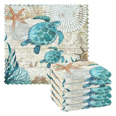 Vintage Ocean Sea Turtle Starfish Map Print Dish Cloths 6 Pack Dish Towels Re...