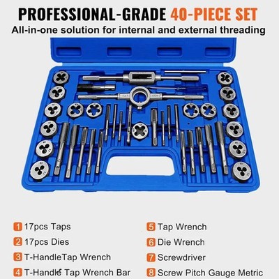 US PRO 40-teiliges metrisches Gewindebohrer- und Schneideisen-Set legierter Stahl Teilungsmessgerät M3 - M12 2620