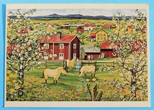 Postcard IN EARLY SUMMER by Stina Sunesson, naïve primitive folk art 1974 (4x6”)