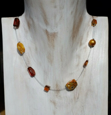 Collier Drahtkette 42 cm Magnetverschluss gelb orange Nugget Glas Mode-Perle B12