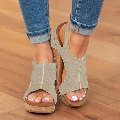 Damen-Sandalen offene Zehenpartie Keilabsatz Knöchelriemen Freizeitverschluss bequeme Schuhe - Bild 6 von 16
