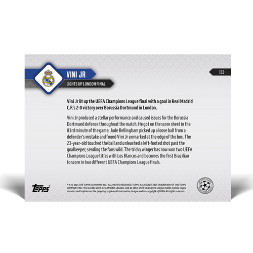 23/24 TOPPS NOW UCL 133 VINI JR. REAL MADRID CHAMPIONS LEAGUE CHAMPIONS - Imagen 2 de 2