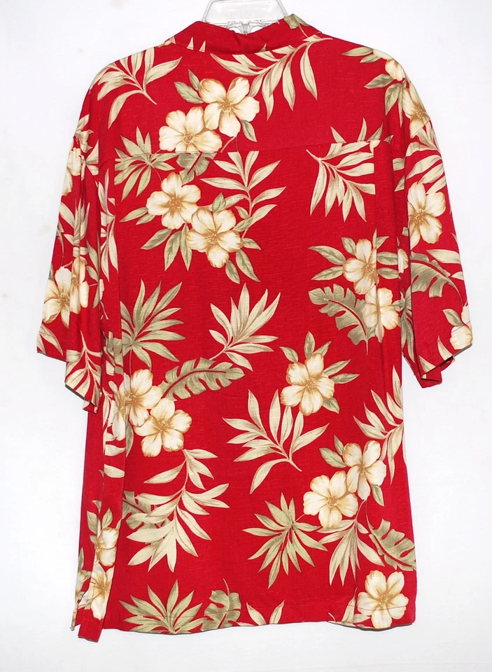 Half Moon Bay Hawaiian Red with Beige Hibiscus Flowers Rayon Mens Shirt Size L - Image 3 of 4