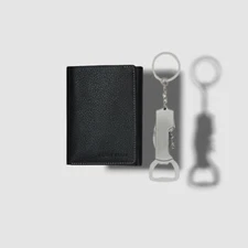 $47 Perry Ellis Men's Portfolio Black Pebble Leather Trifold Wallet W/ Key Chain