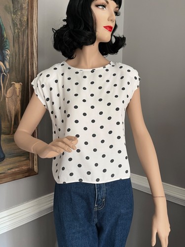 Vintage 1980s Polka-dot Blouse Boxy Sleeveless Crop Top Marnie West M - Picture 2 of 4