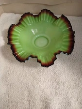 Victorian Bowl Ox Blood Red Rim Art Glass Pistachio Green Cased Glass Ruffled