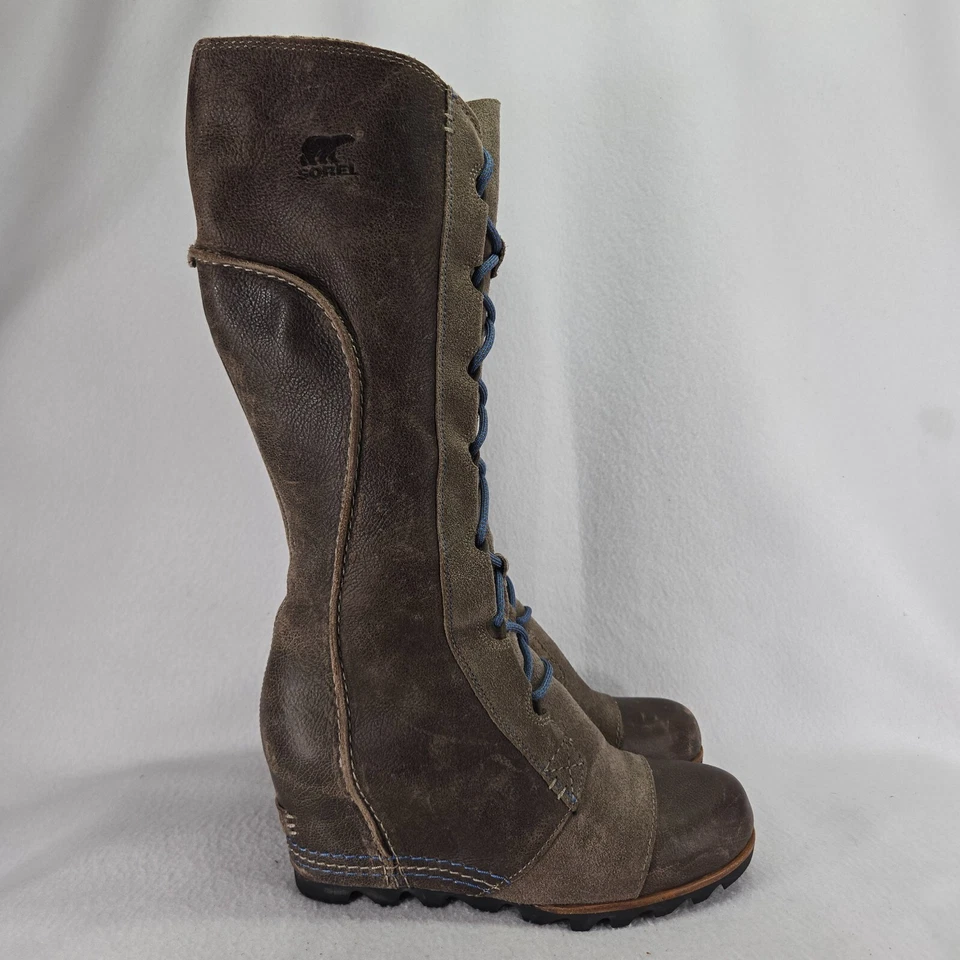 Botas Sorel Mujer 9.5 Marrón Gris Cate The Great Cuero Cuña Oculta Impermeables Foto 2 de 4