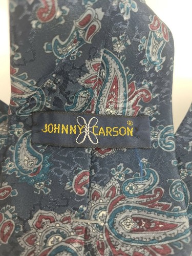 Johnny Carson Polyester Teal Grey Red Blue Paisley Woven Neck Tie 56"L × 4"W EUC - Picture 3 of 4