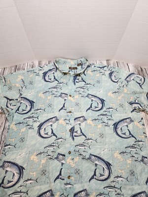 Cafe Luna Men's Short Sleeve Button Collared Casual Shirt Size XL Fish/compass